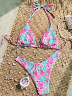 Pink Teal Shell Print Halter Bikini Set